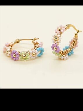 Gold Hoop Floral Beaded Earrings - Pastel Multi